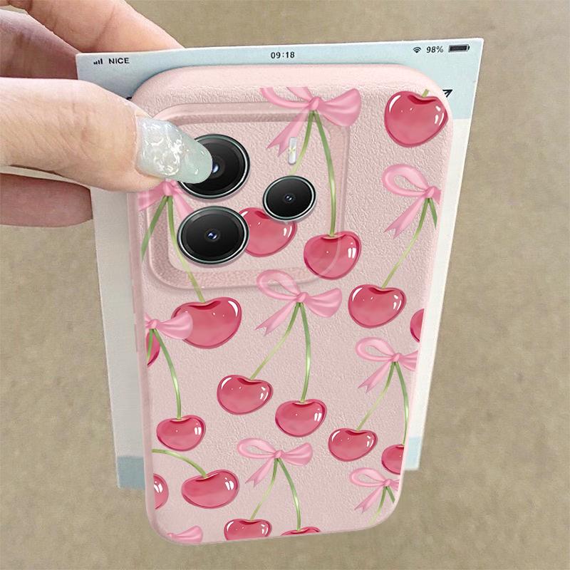 Crystal Cherry Fruits Bowknots Pattern Case For Xiaomi 14T 13T 11T Pro Funda Redmi Note 14 13 Pro 5G 12 11 Leather Texture Silicone Cover