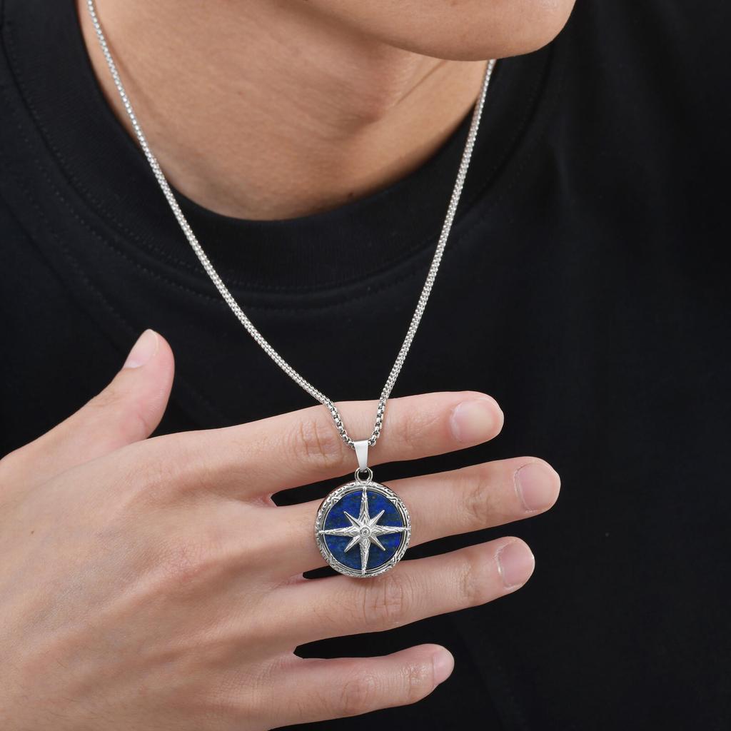 Stylish Natural Stone Necklace for Men,Eight-pointed Star Round Pendant Necklace,Cool Punk Birthday Father Gifts