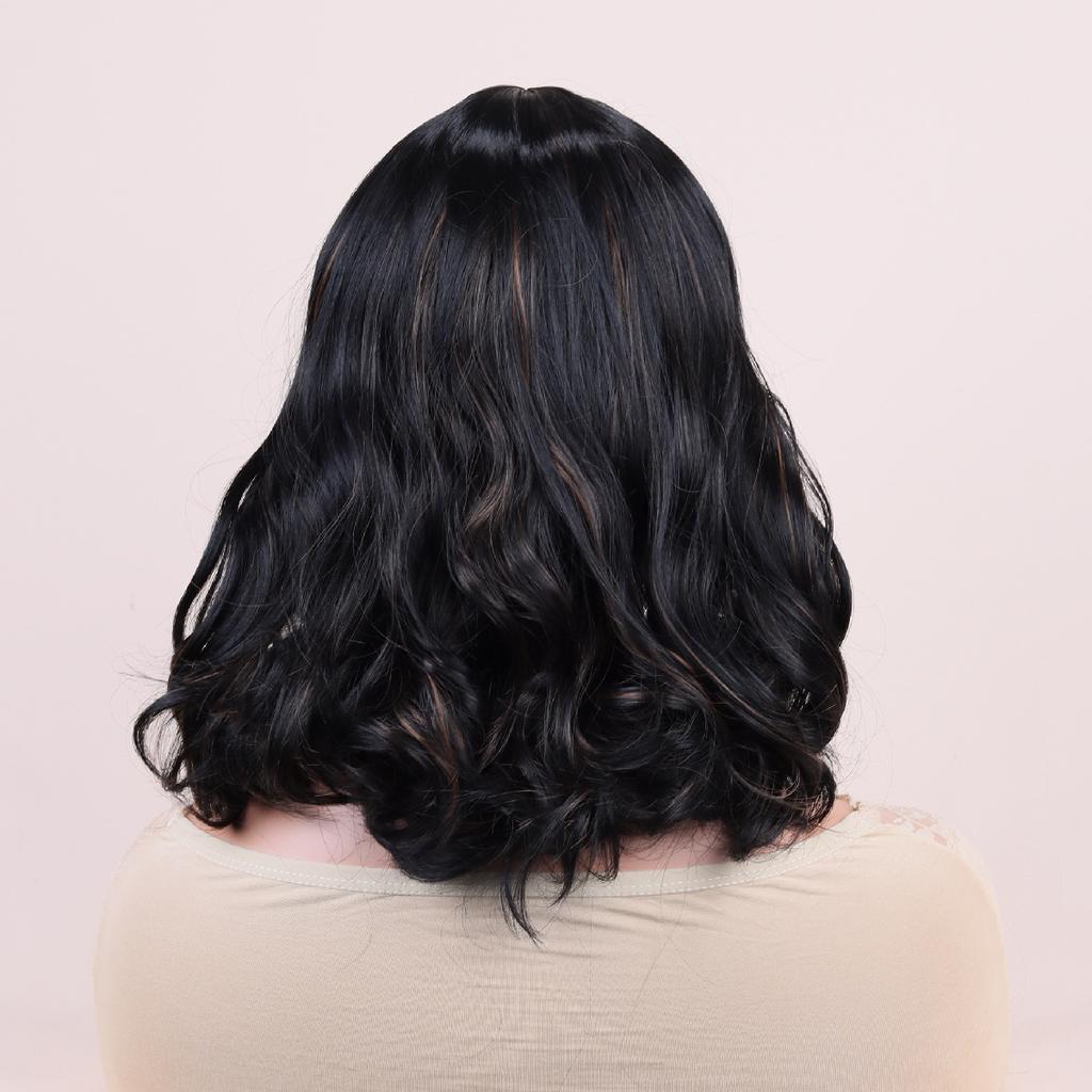 Synthetic Mixed Black Brown Wigs Short Wavy Wigs With Bangs for Women Daily Cosplay Natural Bob Hair Wig Heat Resistant Fiber