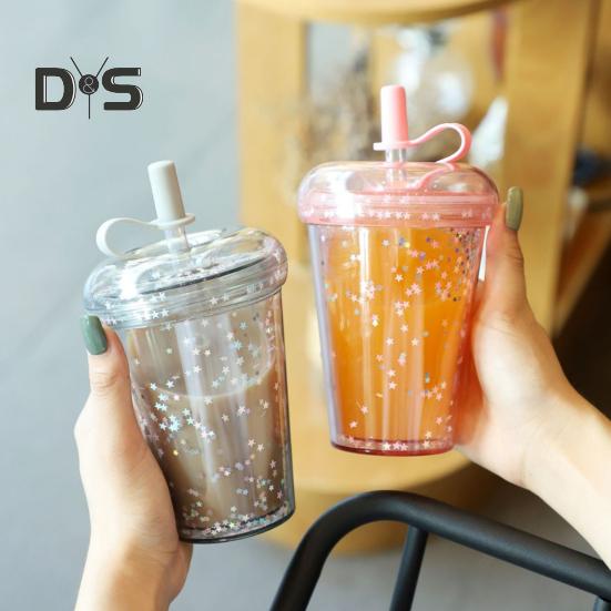 Leak-proof Iced Coffee Cup Reusable Straight Pipette Cup with Built-in Straws Double Wall Insulated Iced Coffee Tumbler Cartoon Drinking Cup