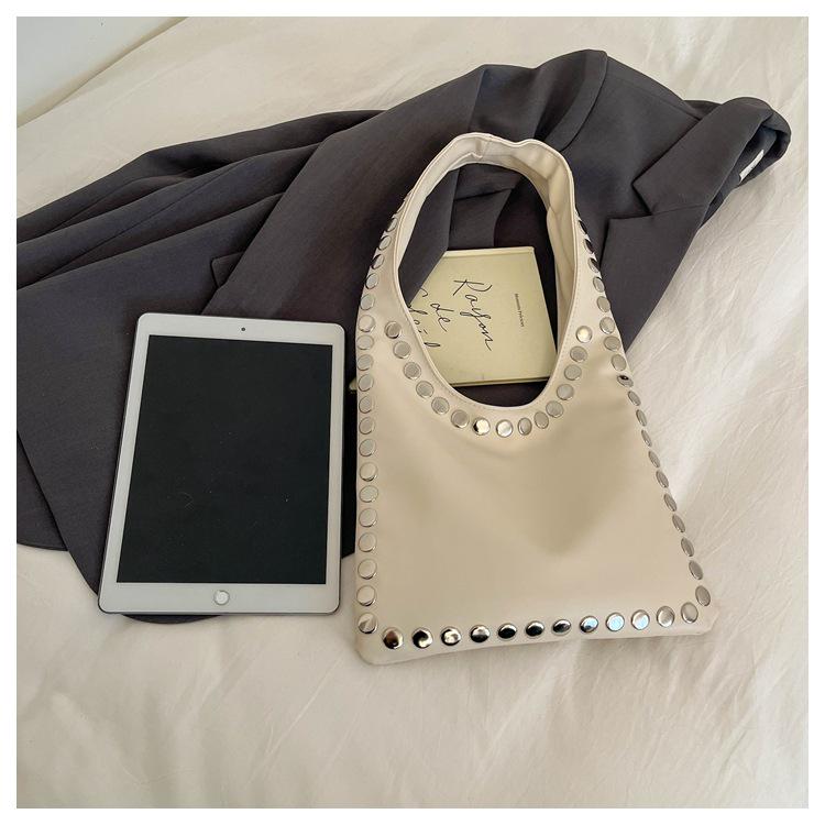 Trendy Retro One-Shoulder Rivet Bag with Textured Design