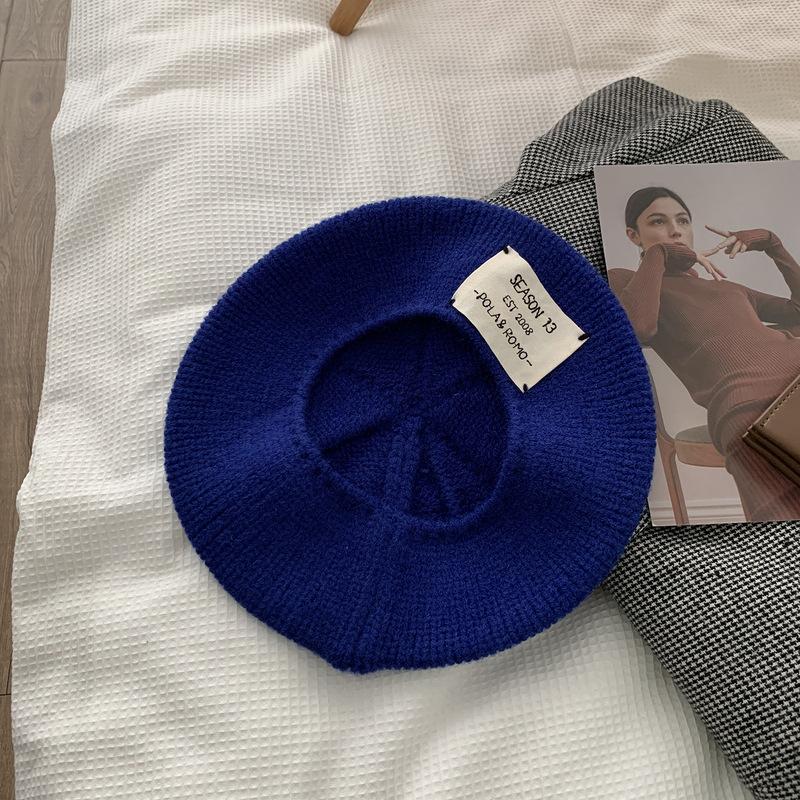 Porridge Cocoa Knitted Hat Woolen Hat Label Beret Women Autumn and Winter Versatile Warm Big Head Painter Hat