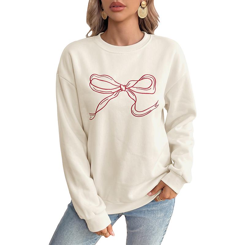European-American Casual Loose Round Neck Pullover with Sweet Embroidery & Bowknot Design for Women