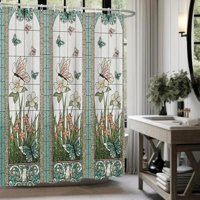 Zelená zahradní sprchová závěs Barevný motýl Květinová koupelnová dekorace Moderní design Rostlinná látka Sprchová závěs