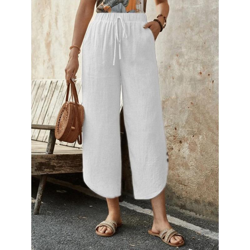 New Cotton and Linen Drawstring Cropped Pants with Pockets for Women, Loose Fit