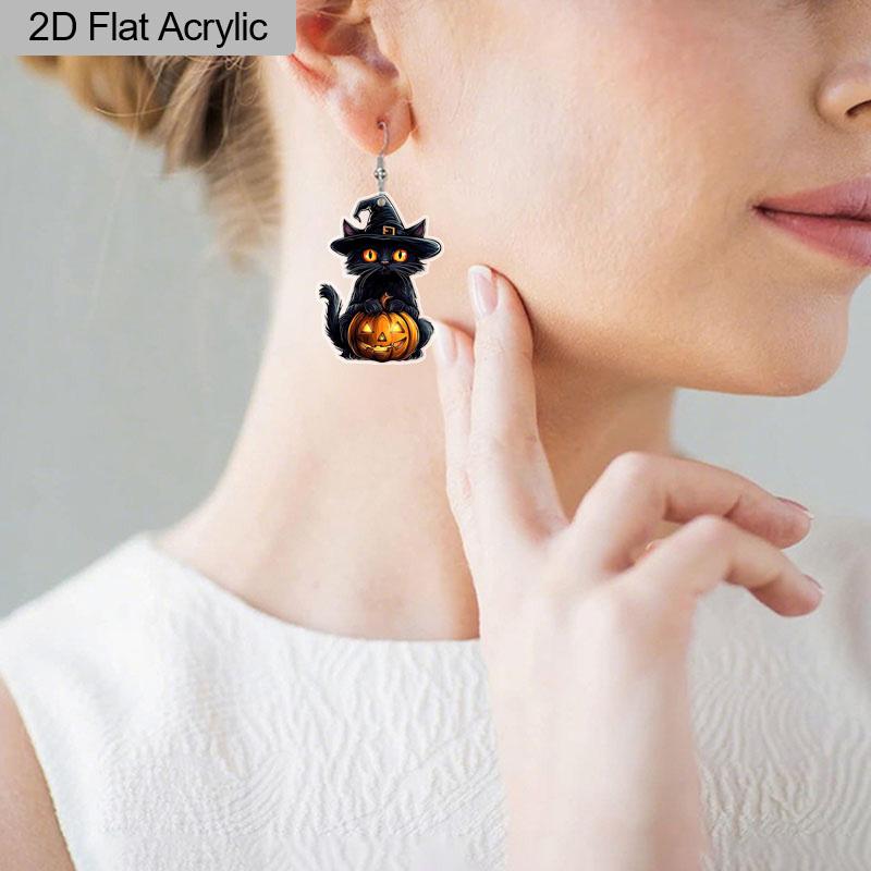 2D Flache Niedliche Acryl Halloween Schwarze Katze Kürbis Hängeohrringe Damen Herbst Kürbis Accessoires Anhänger Schmuck Geschenke