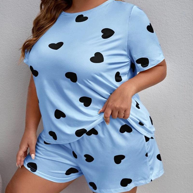 

Жіноча піжама великого розміру футболка шорти студентський домашній одяг двокомпонентна з круглим вирізом з коротким рукавом шорти з леопардовим принтом піжама жіноча 5XL синій