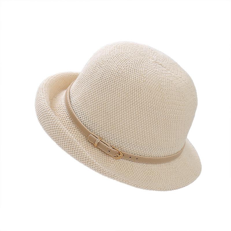 Chapeau de pêcheur classique en tricot respirant pour le printemps/été avec boucle de ceinture métallique pour les vacances des femmes, protection solaire, bord ondulé