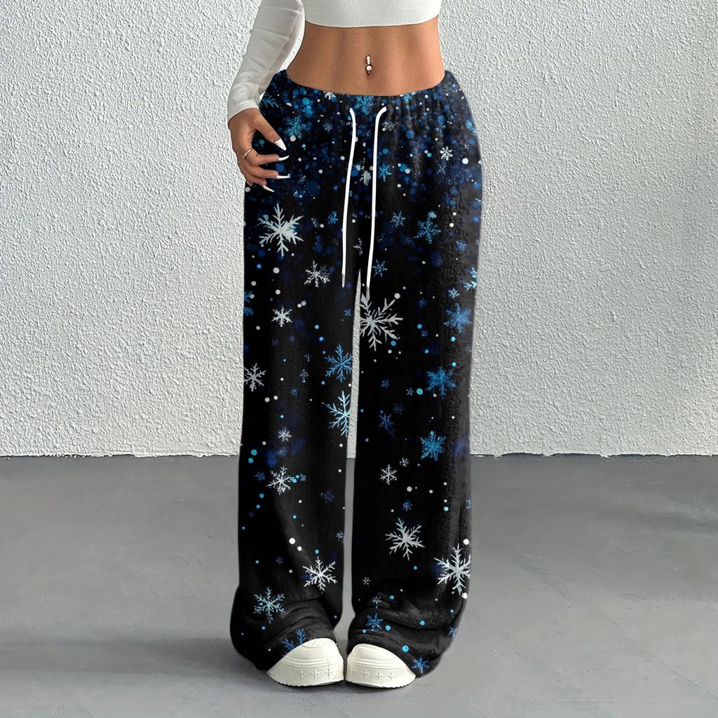 Women's Casual Fashion Printed Elastic Waist Loose Straight Leg Pants With Rope