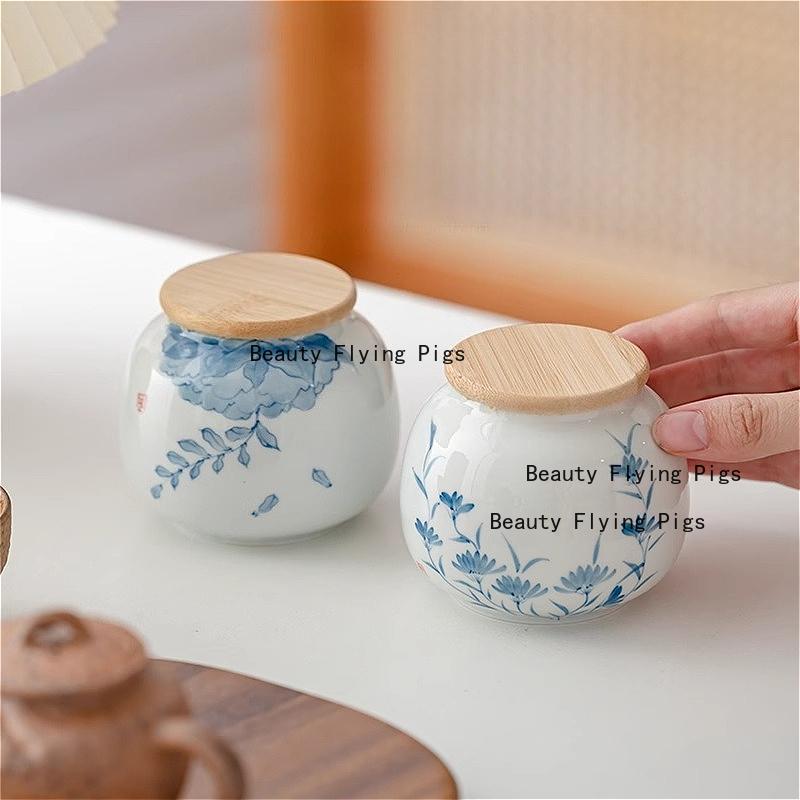 1pc Hand Drawn Underglaze Colored Tea Jar Ceramic Powder Sealed Jar Chinese Style Portable Storage Jar Plant Pattern Design