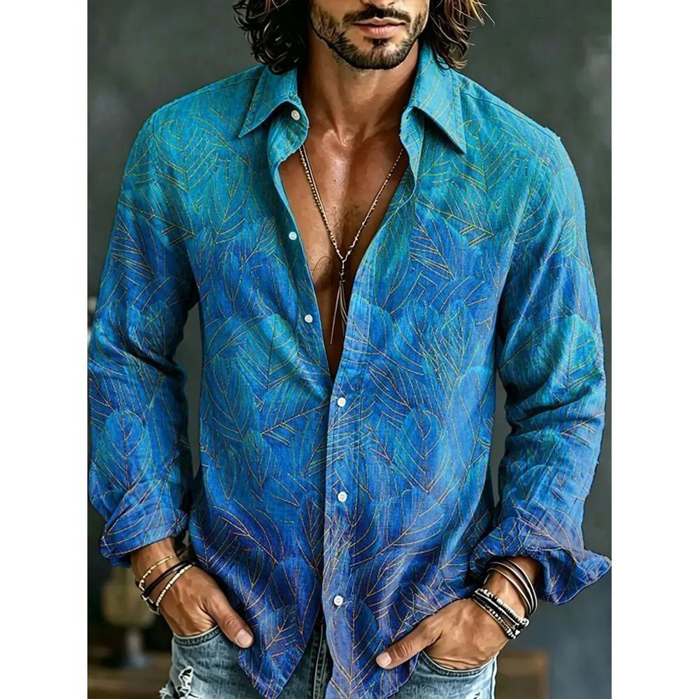 Camisa de hombre con estampado artístico 3D estilo lino retro casual manga larga solapa top moderno y cómodo nueva camisa de talla grande