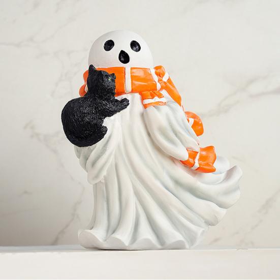 Halloween Ghost Figurine Resin Ghost And Black Cat Statue Desktop Ghost Wearing Scarf Ornament for Mantel Cabinet Shelf