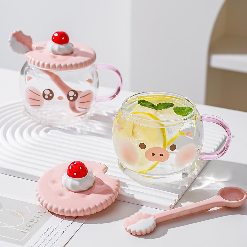 Creative Cute High Borosilicate Glass Mug Pink Girl Heart Gift Water Cup with Lid Spoon Pig Cat Cup