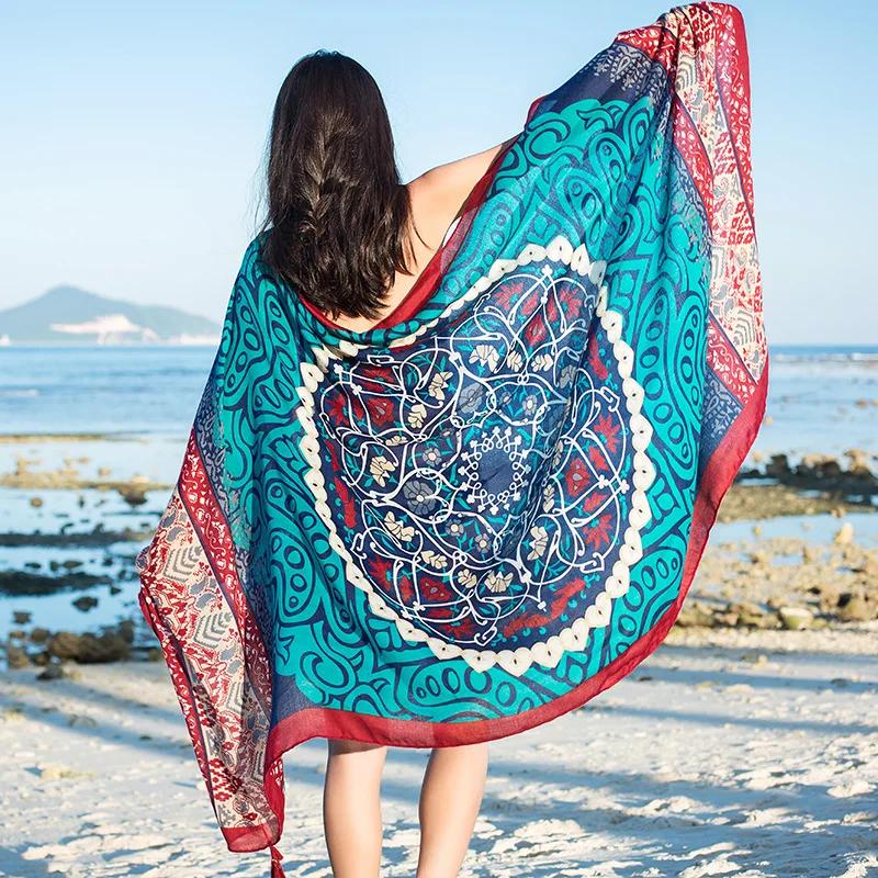 Design Brand Women Scarf Sunscreen Cotton Shawls Dual-Use Summer Autumn Long Scarves Seaside Holiday Beach Towel Beachwear Veils