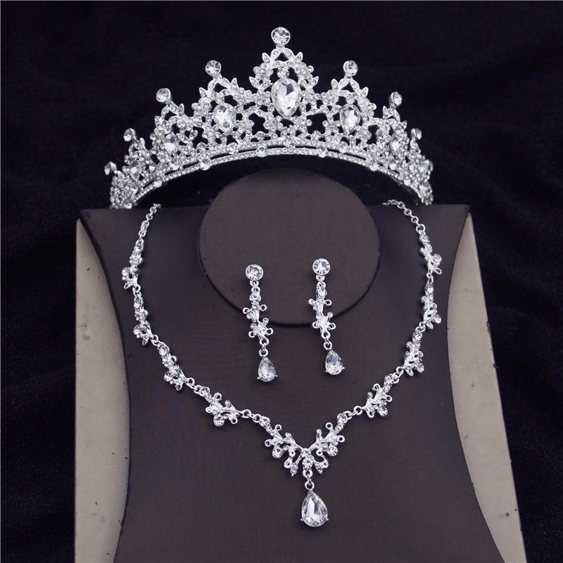 Water Drop Crystal Bridal Jewelry Sets Women Bride Tiara Crowns Earring Necklace Set Princess Wedding Dress Jewelry Accessories