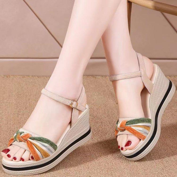 Leather wedge sandals women's 2025 summer new versatile buckle with high heel thick sole heightening casual wear cool slippers