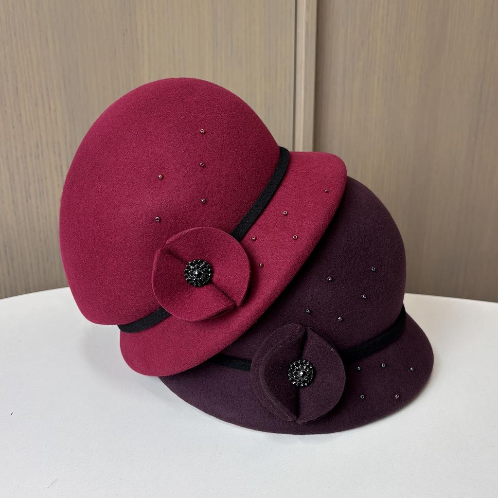 Ladies Autumn And Winter Woolen Woolen Pot Hat Elegant Flower British Retro Styling Felt Top Hat Fashionable Warm Bucket Hat