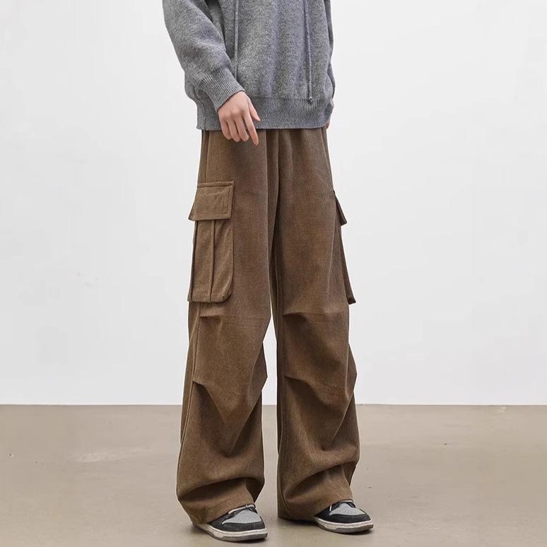 

Мужские вельветовые брюки прямого кроя со складками - Весенне-осенние повседневные брюки свободного кроя клеш XL коричневый