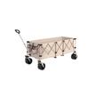 Chariot télescopique pliable, équipé de grands pneus tout-terrain adaptés aux plages de sable et d'un porte-boissons. Couleur beige.