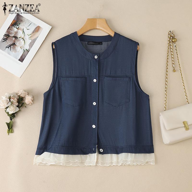ZANZEA Women Casual Round Neck Summer Sleeveless Lace Patchwork Tank Tops
