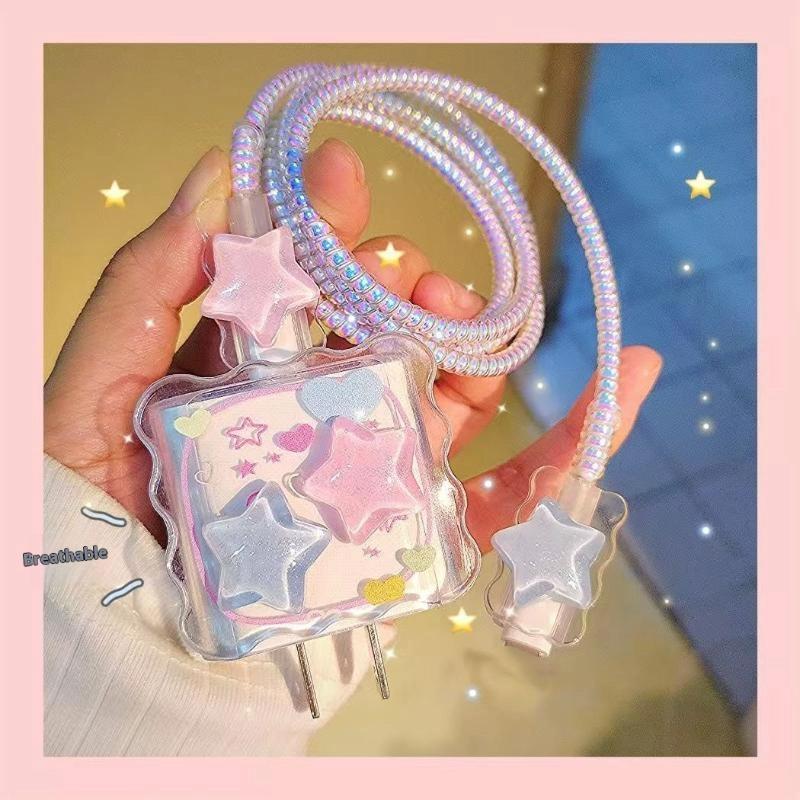 Kawaii Cute 3D Star Love Heart Wave Border Y2K Usb Protector Cover For Iphone 18/20W Data Line Head Cord Fast Charging Case