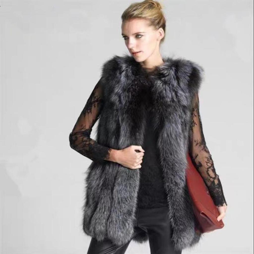 New Autumn and Winter Fur Coat Vest Women's Mid Length European and American Style Faux Fox Collar Thickened Fashion Women's Faux Leather