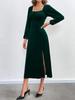 2024 European & American Women's Sexy Slit Velvet Dress with Square Neck & Puff Long Sleeves