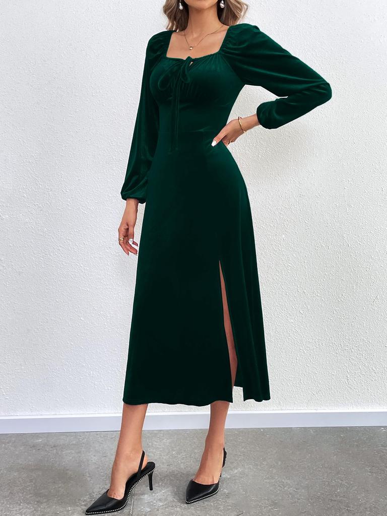 2024 European & American Women's Sexy Slit Velvet Dress with Square Neck & Puff Long Sleeves