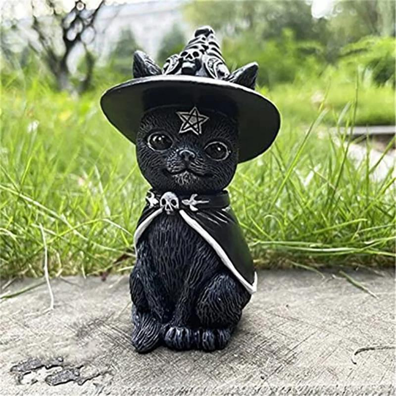 1PC Hand-Painted Black Cat Statue - Mysterious Cute Witch Cat Figurine Halloween Desk Ornament Witches Decor
