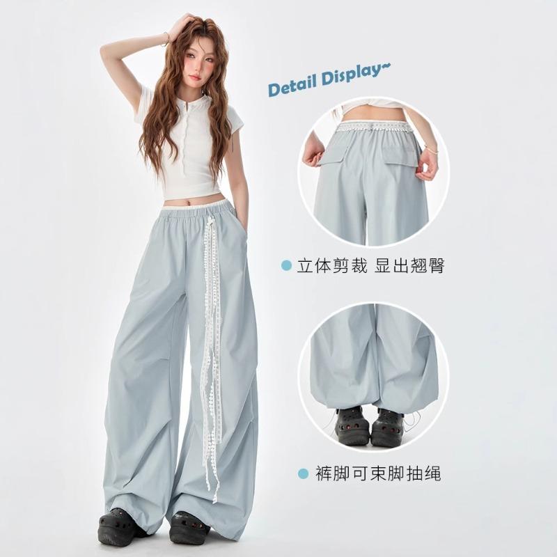 Light Blue Elastic Waist Lace Belt Overalls Women's Summer New Thin Paratrooper Quick-drying Casual Wide-leg Pants