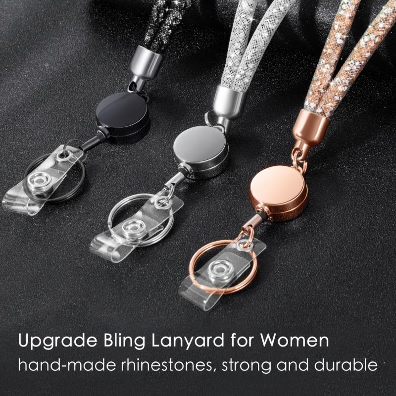 Bling Rhinestone Retractable ID Badge Lanyard Waterproof Card Case Key Holder Stylish Work Badge Clip For Office Daily Use