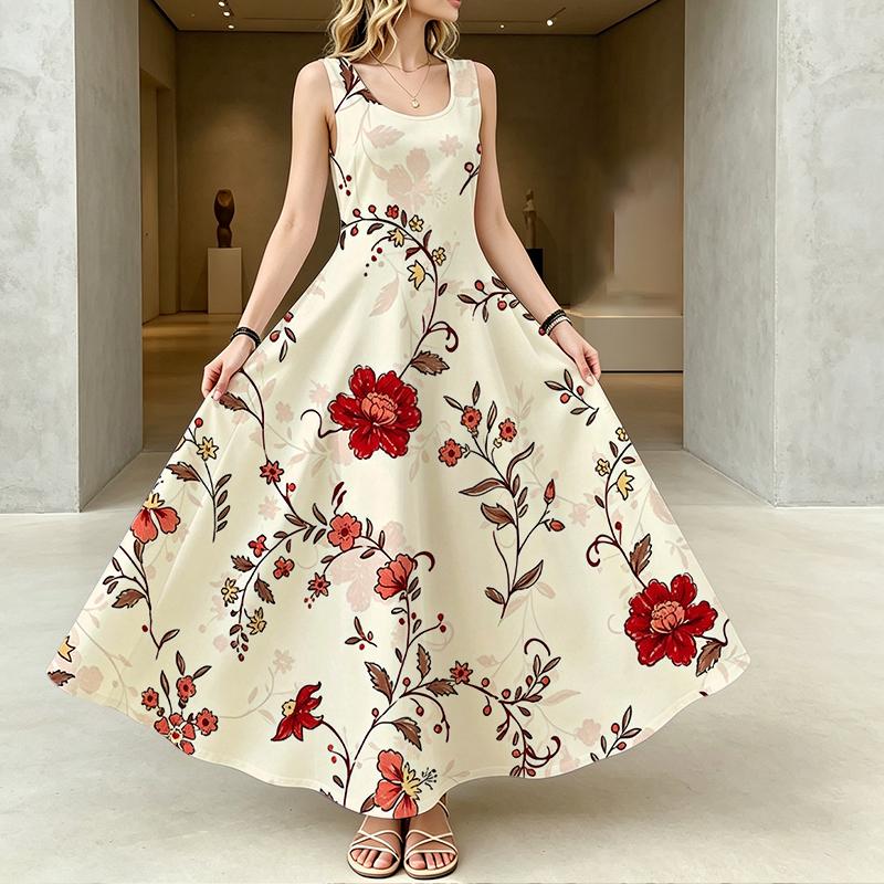 Women's Sleeveless Vintage Floral Maxi Dress,Lightweight Flowy Summer Long Dress,Elegant Versatile Outfit for Picnics,Casual Gatherings & Daily Wear