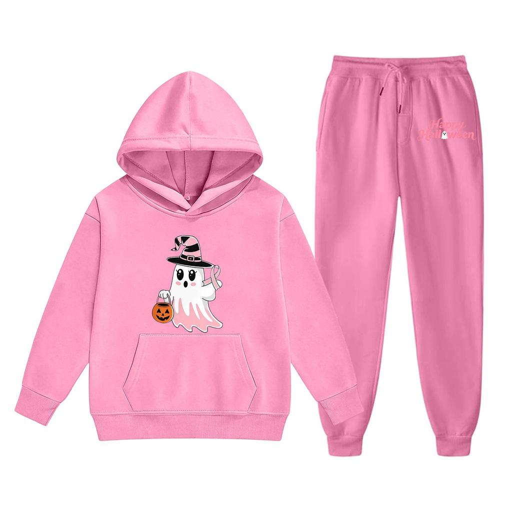 Kids Halloween Hoodie and Pants Set Ghost Print Hooded Sweatshirt and Matching Bottoms Comfortable Casual Outfit for Boys and Girls