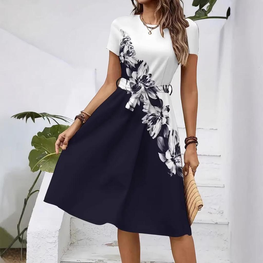 2026 Women's Casual Printed Belted Dress, European & American Summer Bestseller
