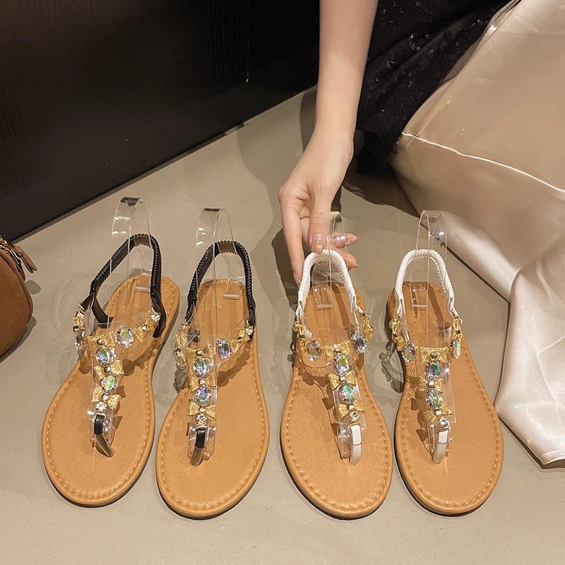Fashion Summer New Slippers Pvc Transparent Woman 2025 Party Flip Flops Luxury Crystal Women Flats Sandals Bow Fashion Clip Toe Shoes