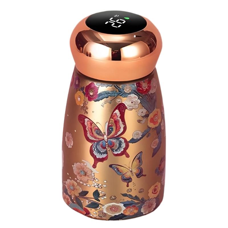 Mini Drink Tumblers with Lid Temperature Display, Stainless Steel Insulated Water Bottle, Decorative Florals Print Finish Vacuum Flask Gift