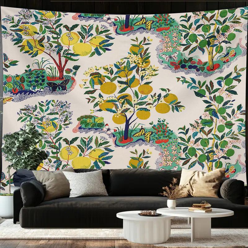 Orange Tree And Butterfly Pattern Digital Printing Polyester Wall Tapestry Suitable For Use In Living Rooms Bedrooms Bars Party