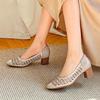 Spliced Mesh Breathable Rhinestone Heels Autumn New Round Toe Shallow Mouth Cover Foot Non-Slip Wear-Resistant Single Shoes