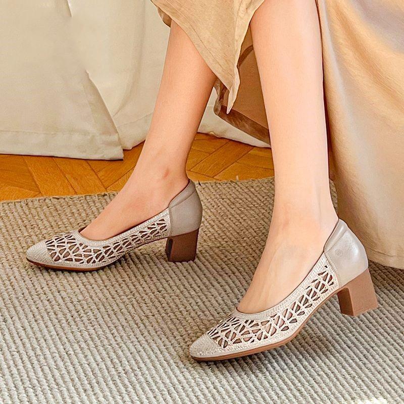 Spliced Mesh Breathable Rhinestone Heels Autumn New Round Toe Shallow Mouth Cover Foot Non-Slip Wear-Resistant Single Shoes