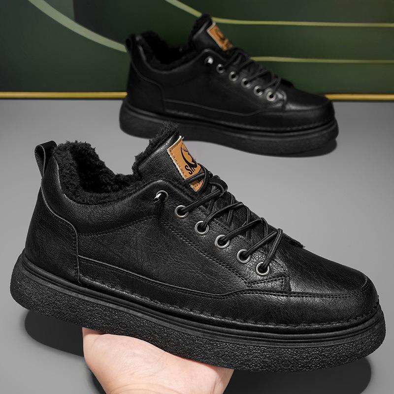 

Мужская обувь на педалях для работы Черная повседневная кожаная обувь Водонепроницаемая мужская обувь Плюс бархатные теплые хлопковые ботинки Короткие ботинки 39