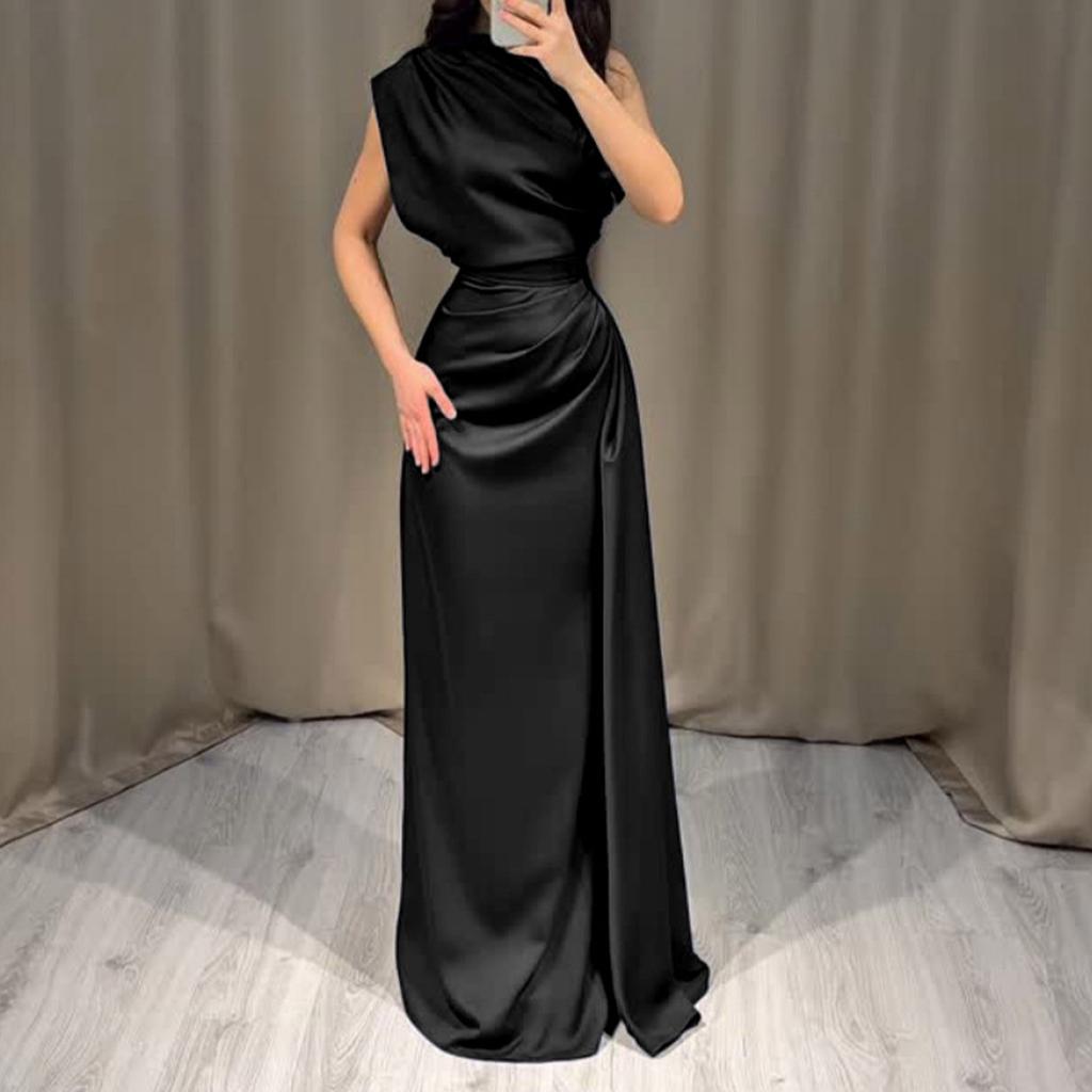 Women's Satin Round Neck Long Pleated Waist Dress for Evening Party