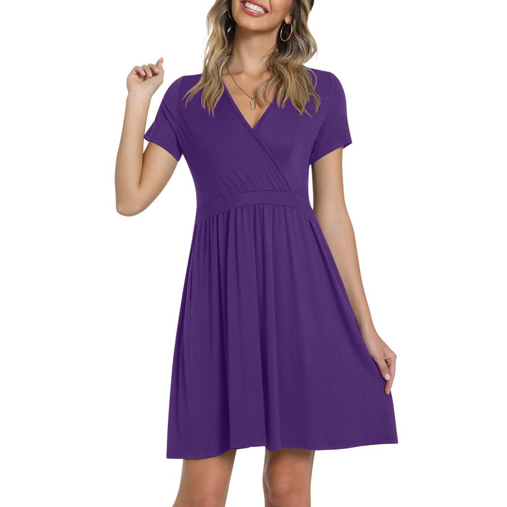 Women's Casual Fasion Solid Color Cross V-neck Short-sleeve Waist A-line Big Swing Dress