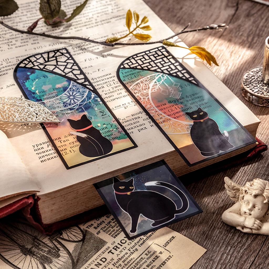 6Pcs Cat Bookmarks Durable Waterproof PET Bright Colors Light Slim Black Cat Book Marks for Office