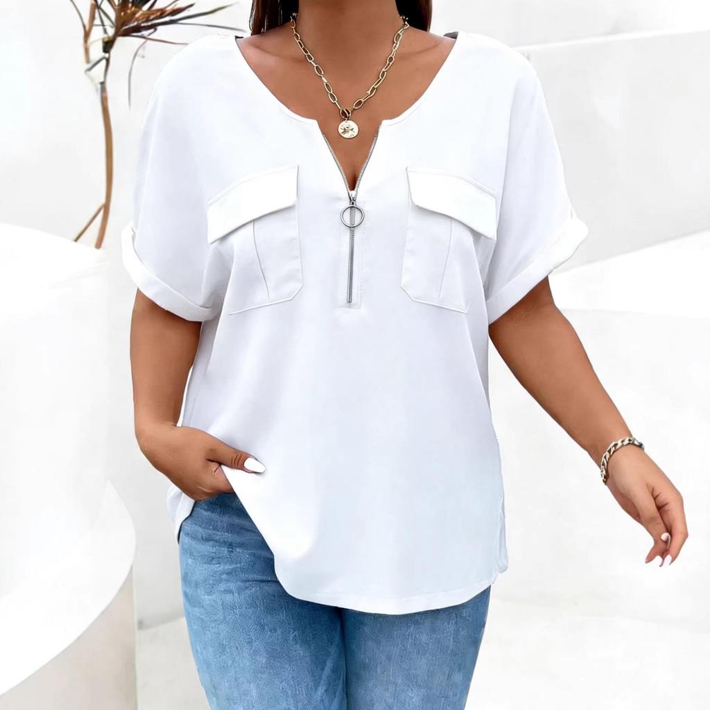 2026 Spring-Summer Solid Color Plus Size Women's Zipper Pocket Short Sleeve Loose T-Shirt