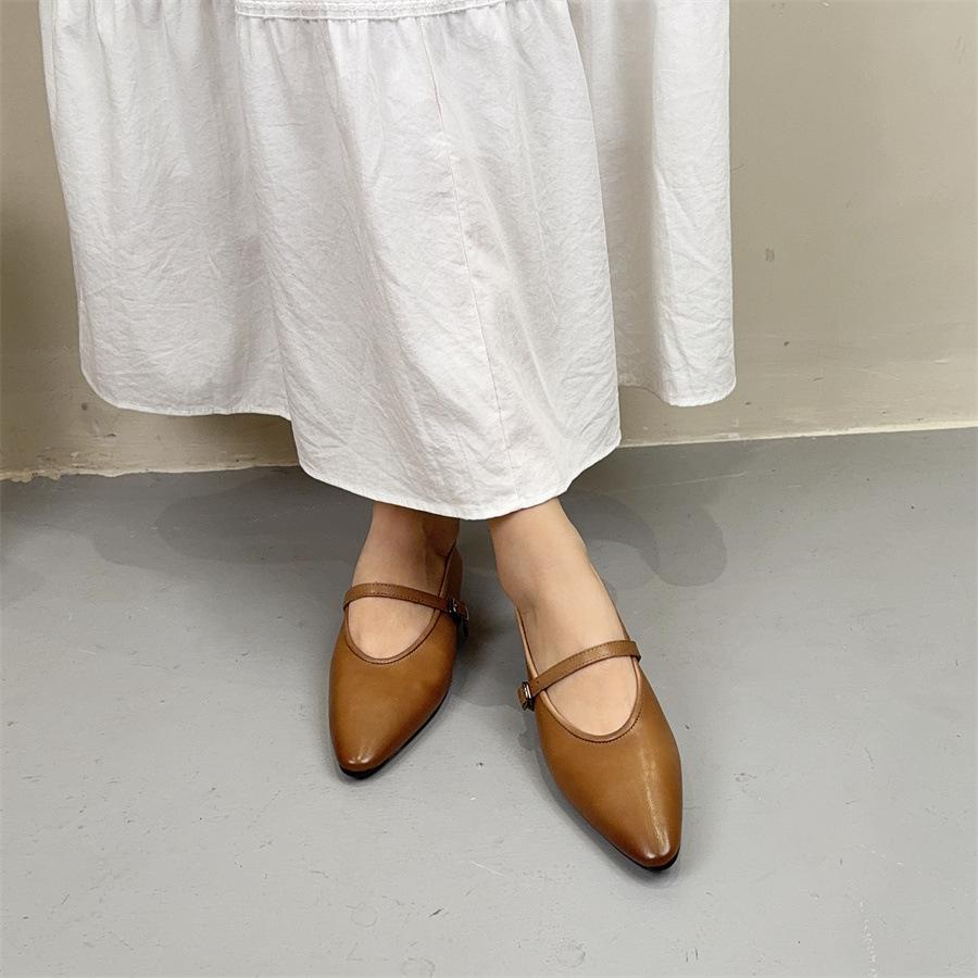 Johnature Oryginalne skórzane płytkie, spiczaste, płaskie buty retro, uniwersalne, miękkie, ze skóry bydlęcej, damskie