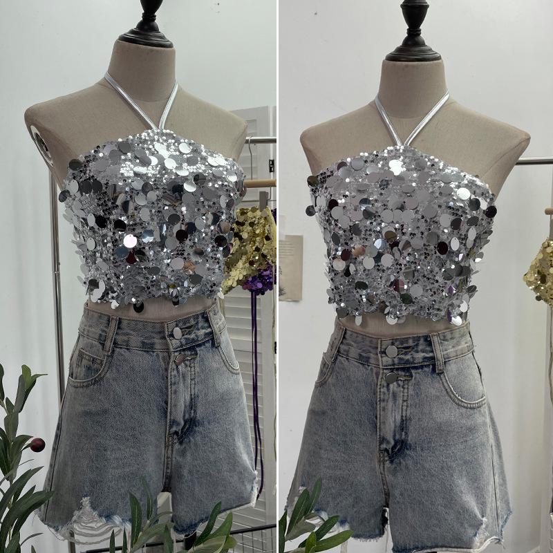 Halter Crop Top with Sequins and Open Back (Style 1083)