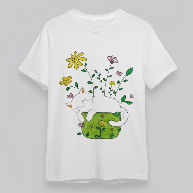 

Women s Fashion Classic T-Shirt Sleeping Cat in Floral Pot Artwork Oversize Tee S