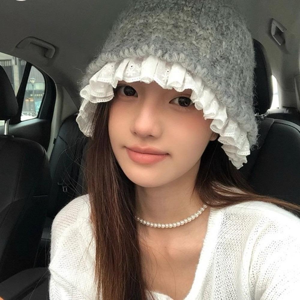 Lace Trim Women Bucket Hat Solid Color Beanie Hat Retro Knitted Fisherman Hat  Women