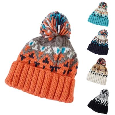 Damen Winter Verdickte Warme Grobstrickmütze, Winter Kälteabweisende Ohrenschützende Mütze Für Runde Und Eckige Gesichter Mit Jacquardmuster Und Bommel