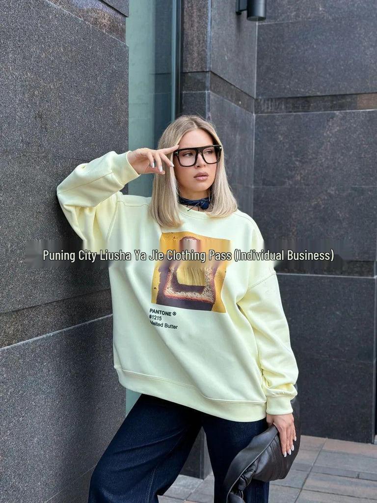 Cozy American-Style Bread Print Thickened Round Neck Pullover Hoodie for Women